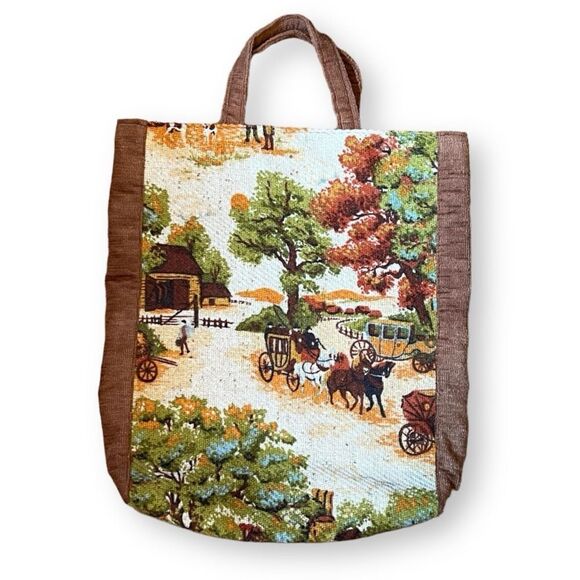 Vintage Fall Tapestry Homestead Horse and Carriage Tote Bag - Picture 1 of 6